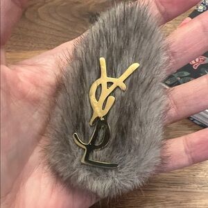 Yves Saint Laurent Gold Logo Gray faux Fur Hair Clip YSL